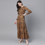 Brown & Black Ethnic Motifs Print Maxi Dress